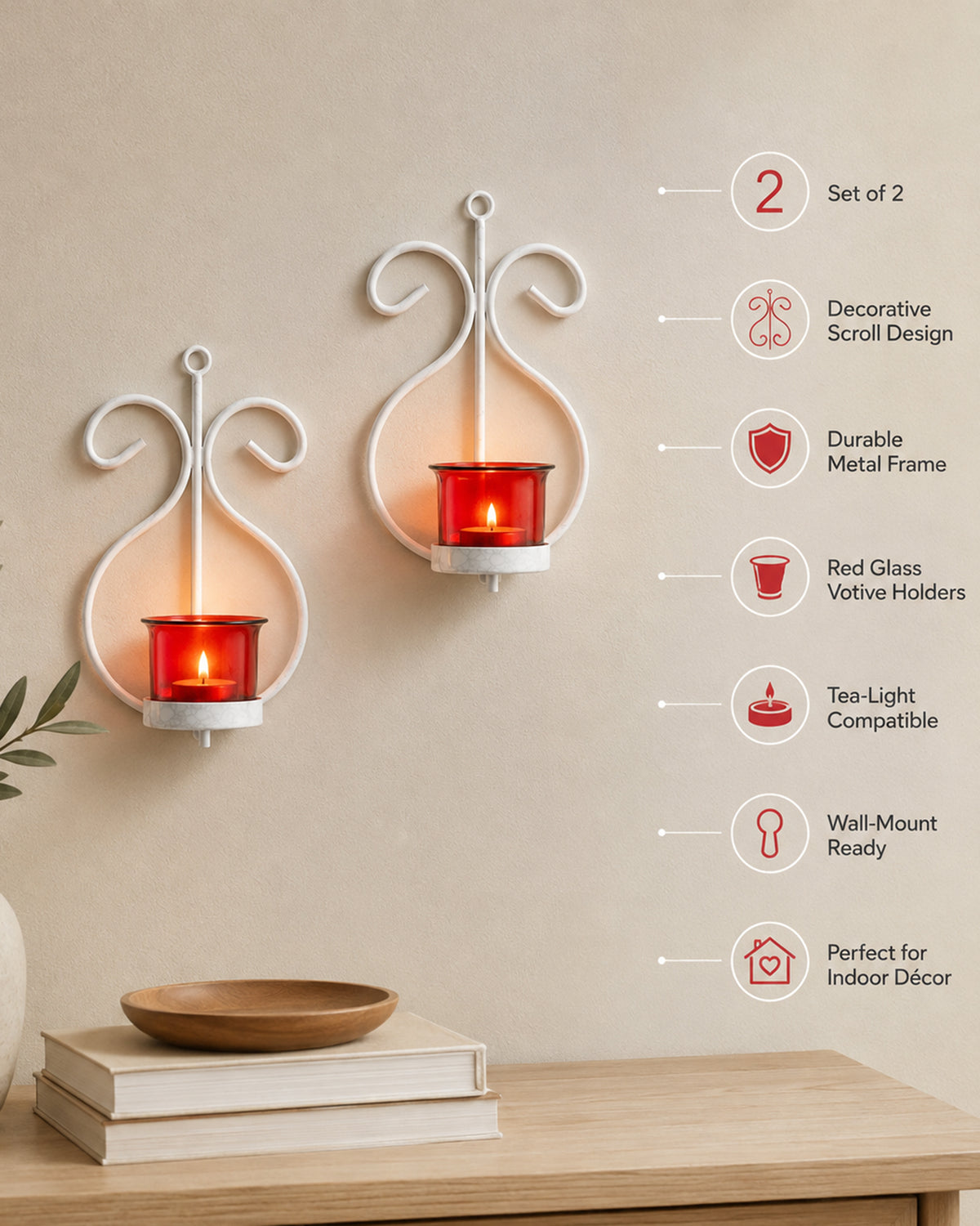 Set of 2 Decorative White Wall Sconce/Candle Holder With Red Glass and Free T-light Candles