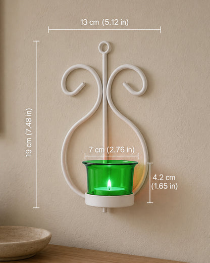 Set of 2 Decorative White Wall Sconce/Candle Holder With Red Glass and Free T-light Candles