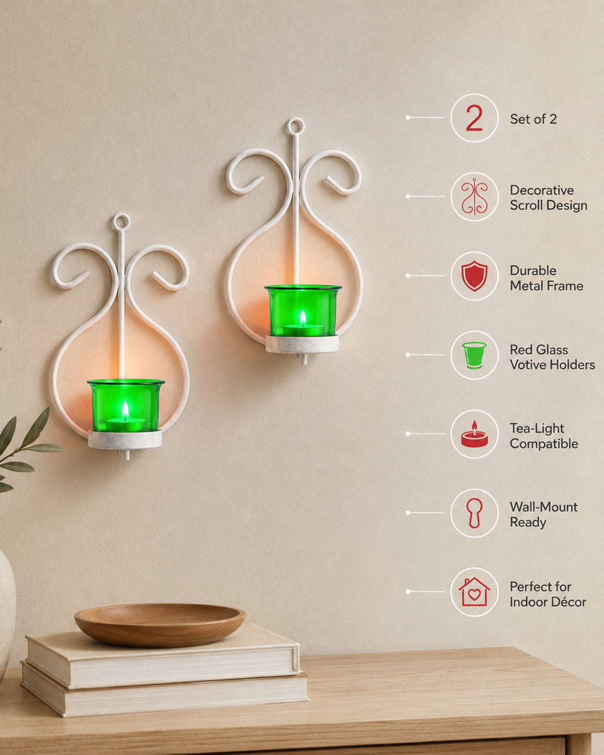Set of 2 Decorative White Wall Sconce/Candle Holder With Red Glass and Free T-light Candles