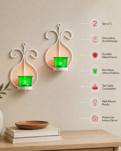 Set of 2 Decorative White Wall Sconce/Candle Holder With Red Glass and Free T-light Candles