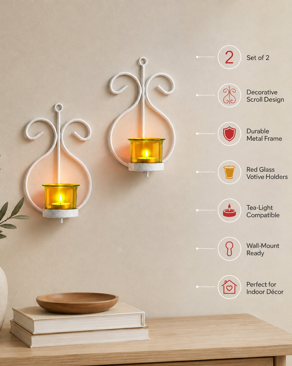 Set of 2 Decorative White Wall Sconce/Candle Holder With Red Glass and Free T-light Candles