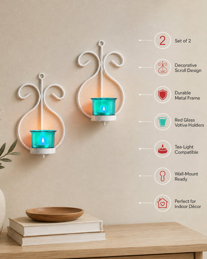 Set of 2 Decorative White Wall Sconce/Candle Holder With Red Glass and Free T-light Candles