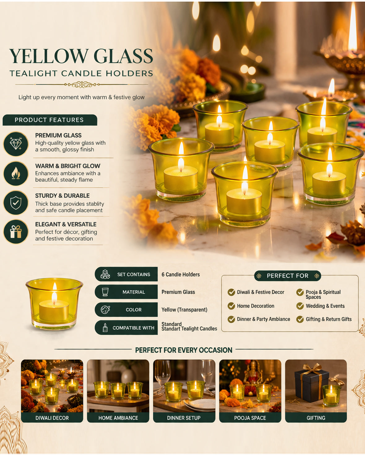 Collar Glass Tea Light Candle Holder, Set of 6