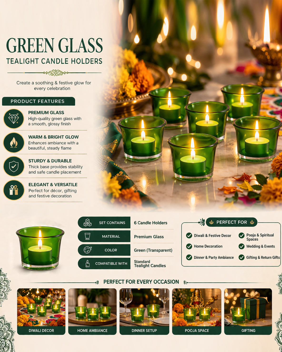 Collar Glass Tea Light Candle Holder, Set of 6