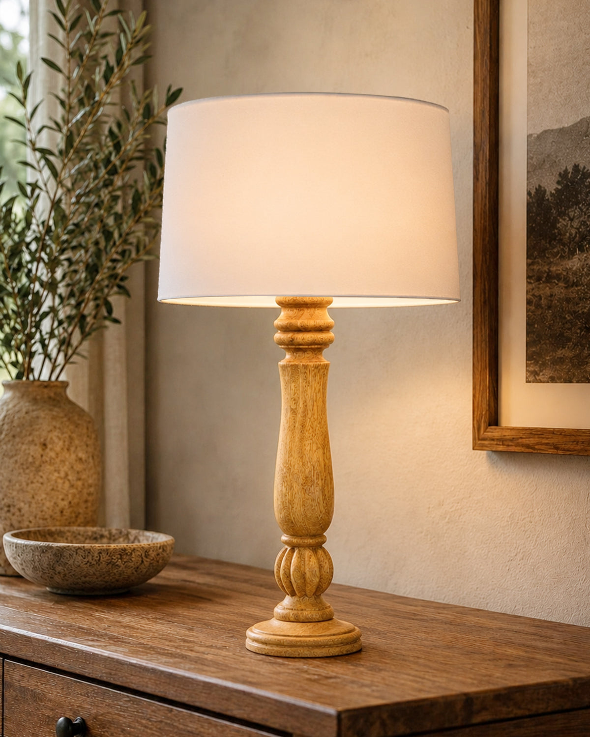 Classic Victorian Natural Wood Table Lamp With Shade