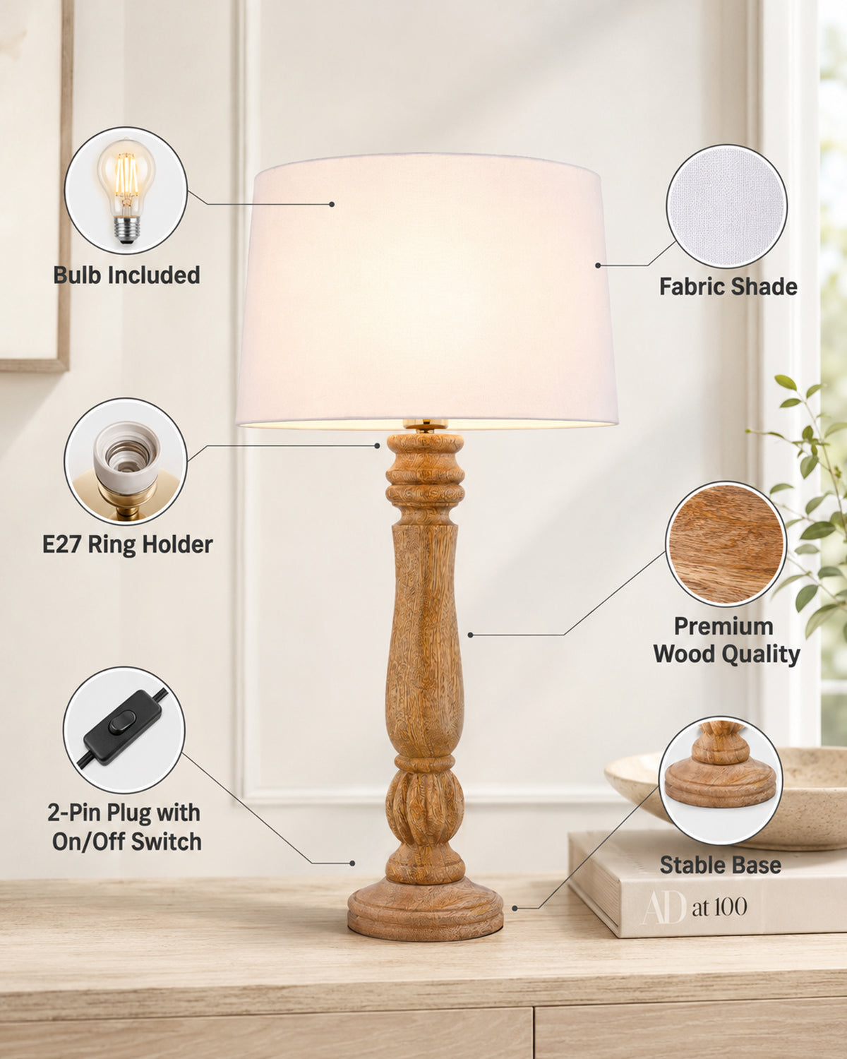 Classic Victorian Natural Wood Table Lamp With Shade