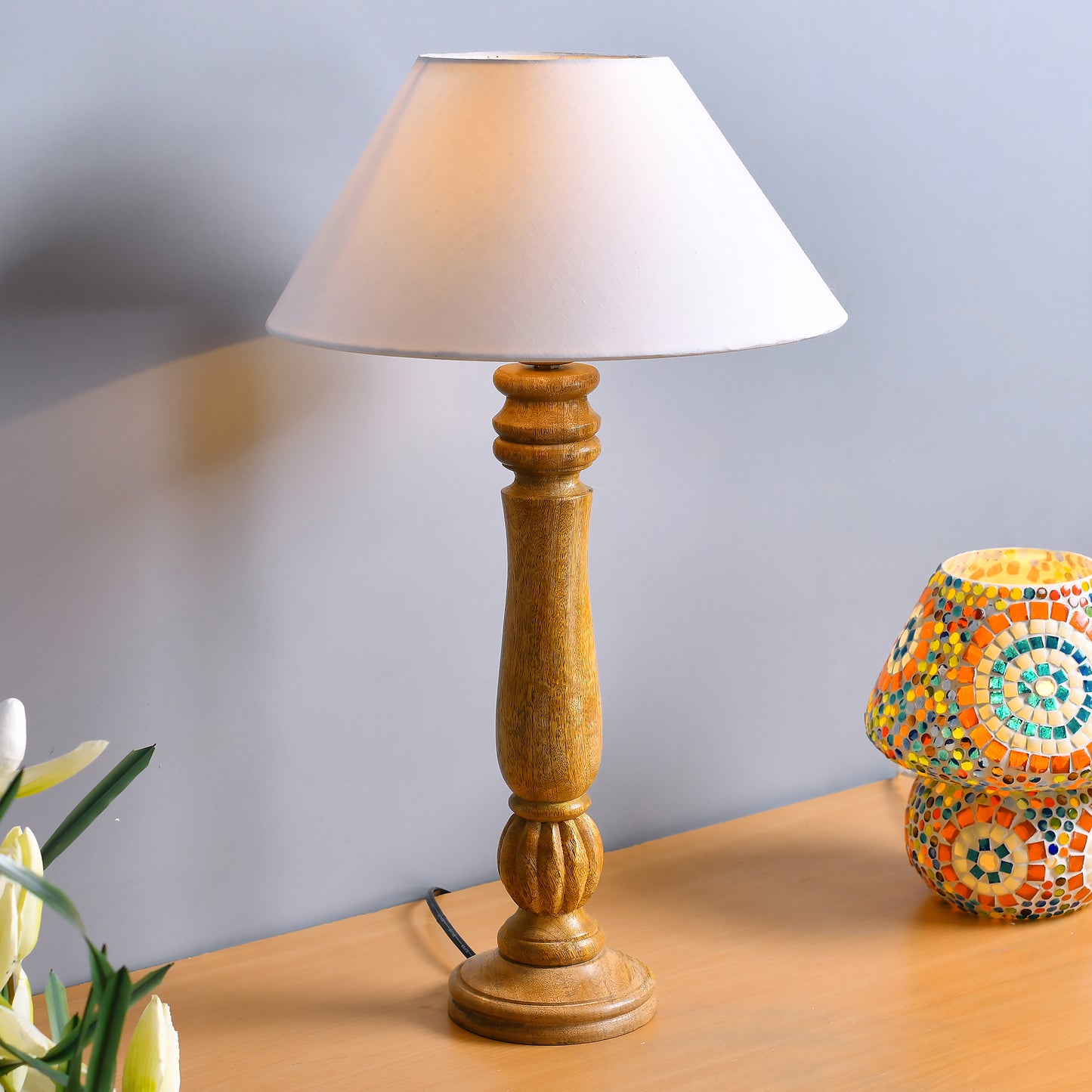 Classic Victorian Natural Wood Table Lamp With Shade