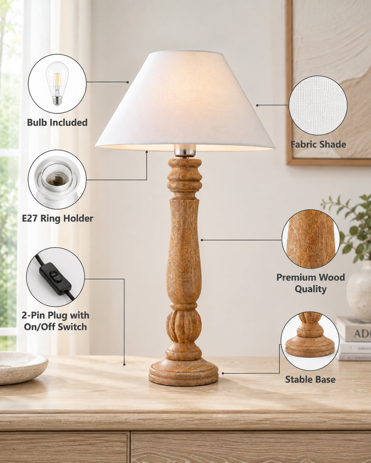 Classic Victorian Natural Wood Table Lamp With Shade