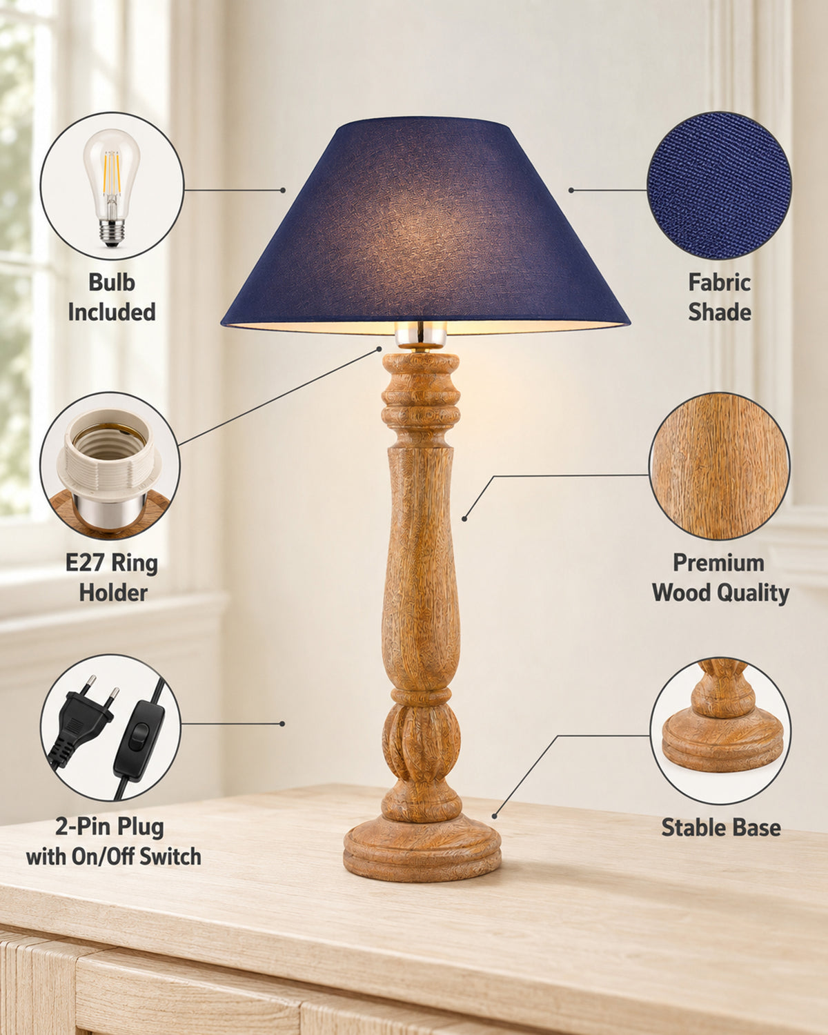 Classic Victorian Natural Wood Table Lamp With Shade