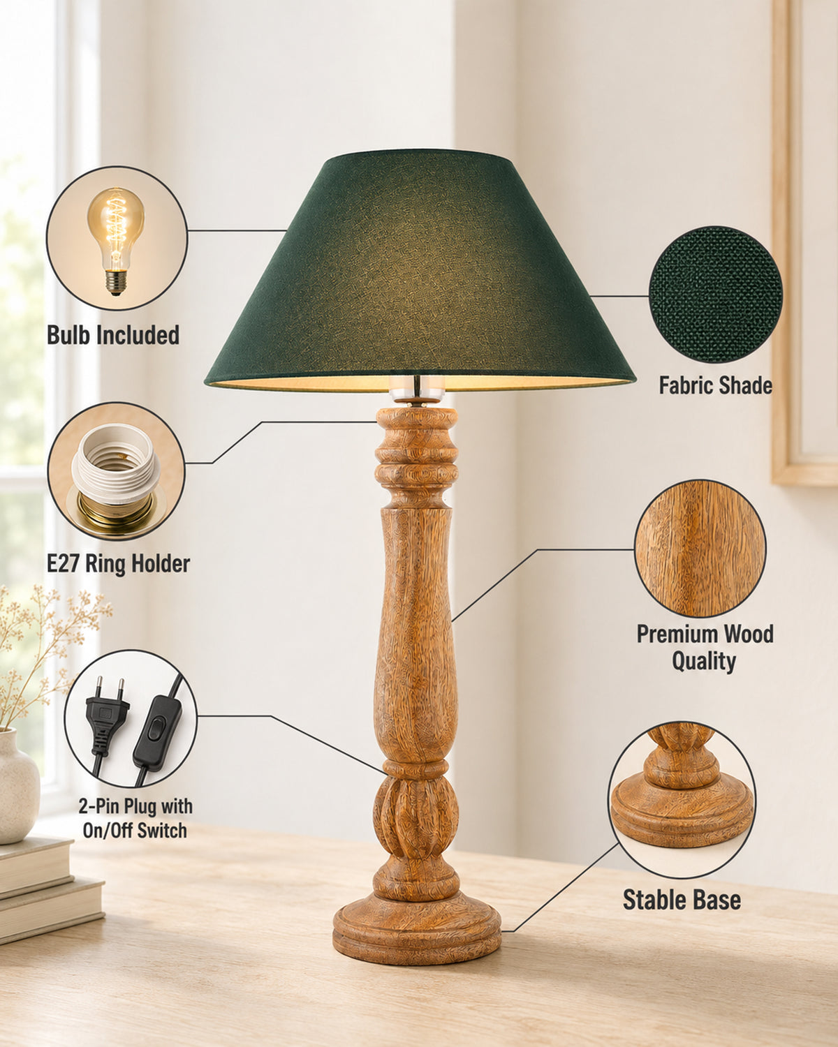 Classic Victorian Natural Wood Table Lamp With Shade