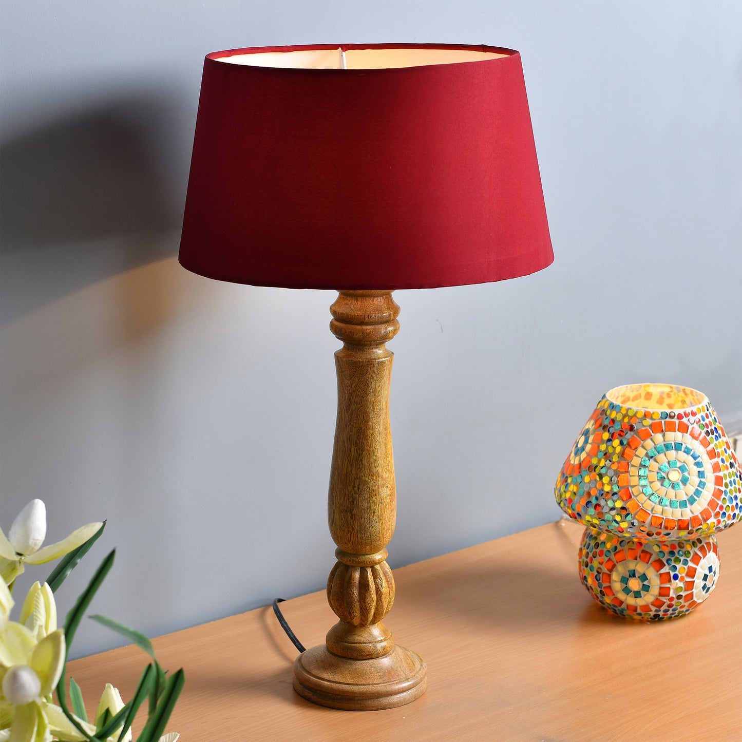 Classic Victorian Natural Wood Table Lamp With Shade