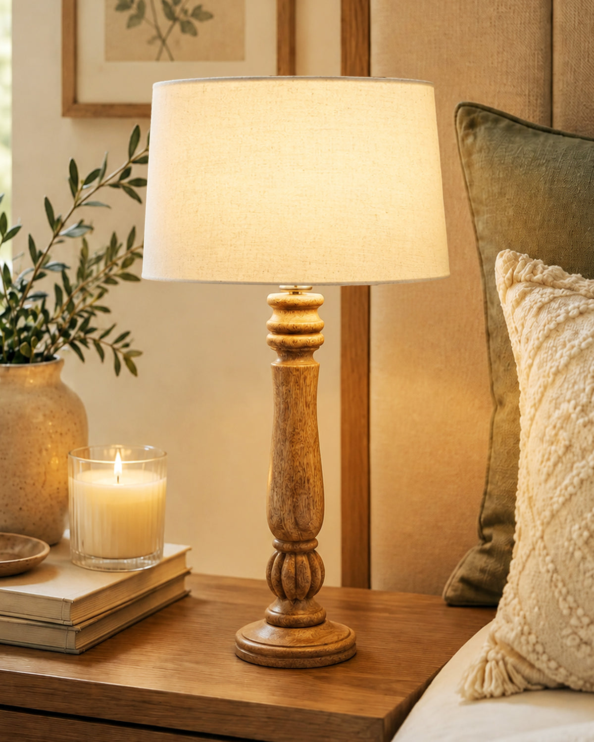 Classic Victorian Natural Wood Table Lamp With Shade