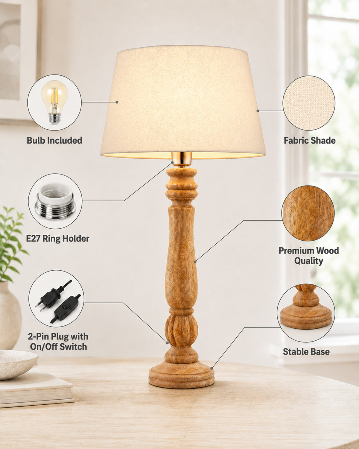 Classic Victorian Natural Wood Table Lamp With Shade