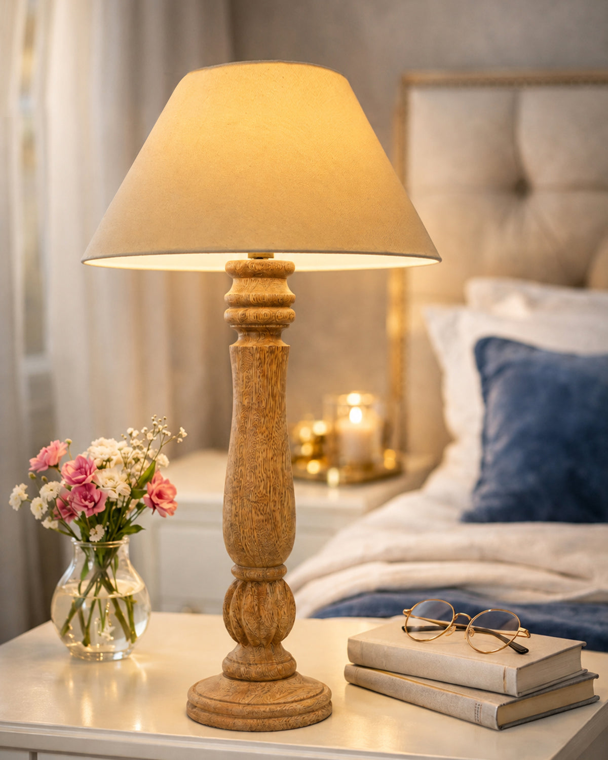 Classic Victorian Natural Wood Table Lamp With Shade