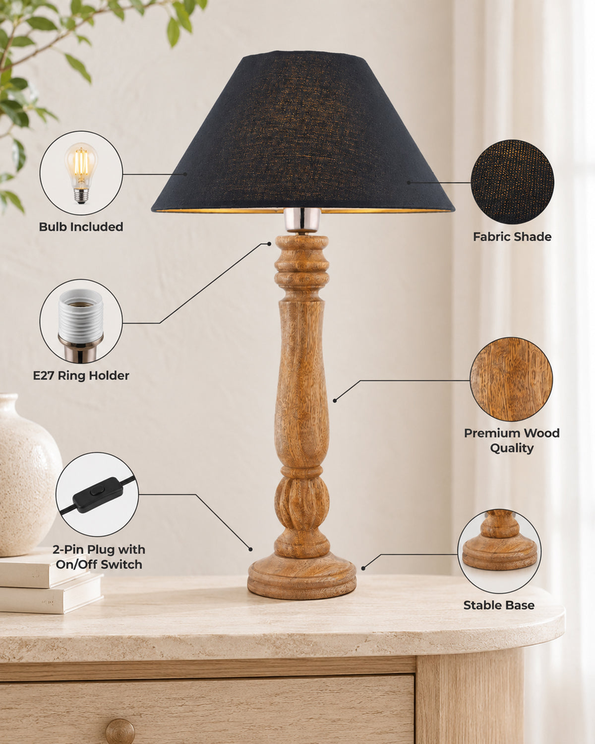Classic Victorian Natural Wood Table Lamp With Shade