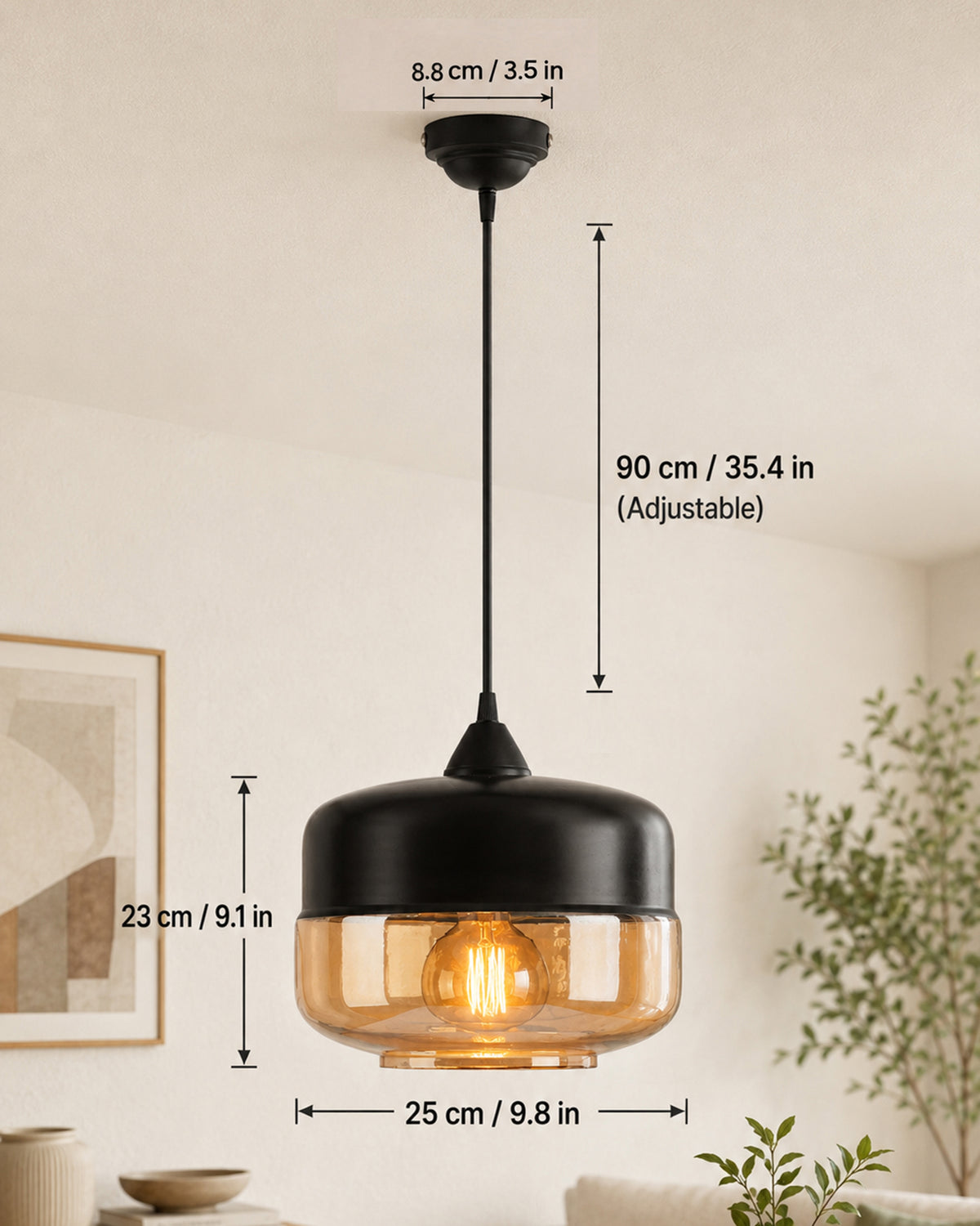 Glass Pendant Light Black Loft Bar Counter Dining Room Creative LED/Filament Ceiling Hanging Lamp, E27, Murray