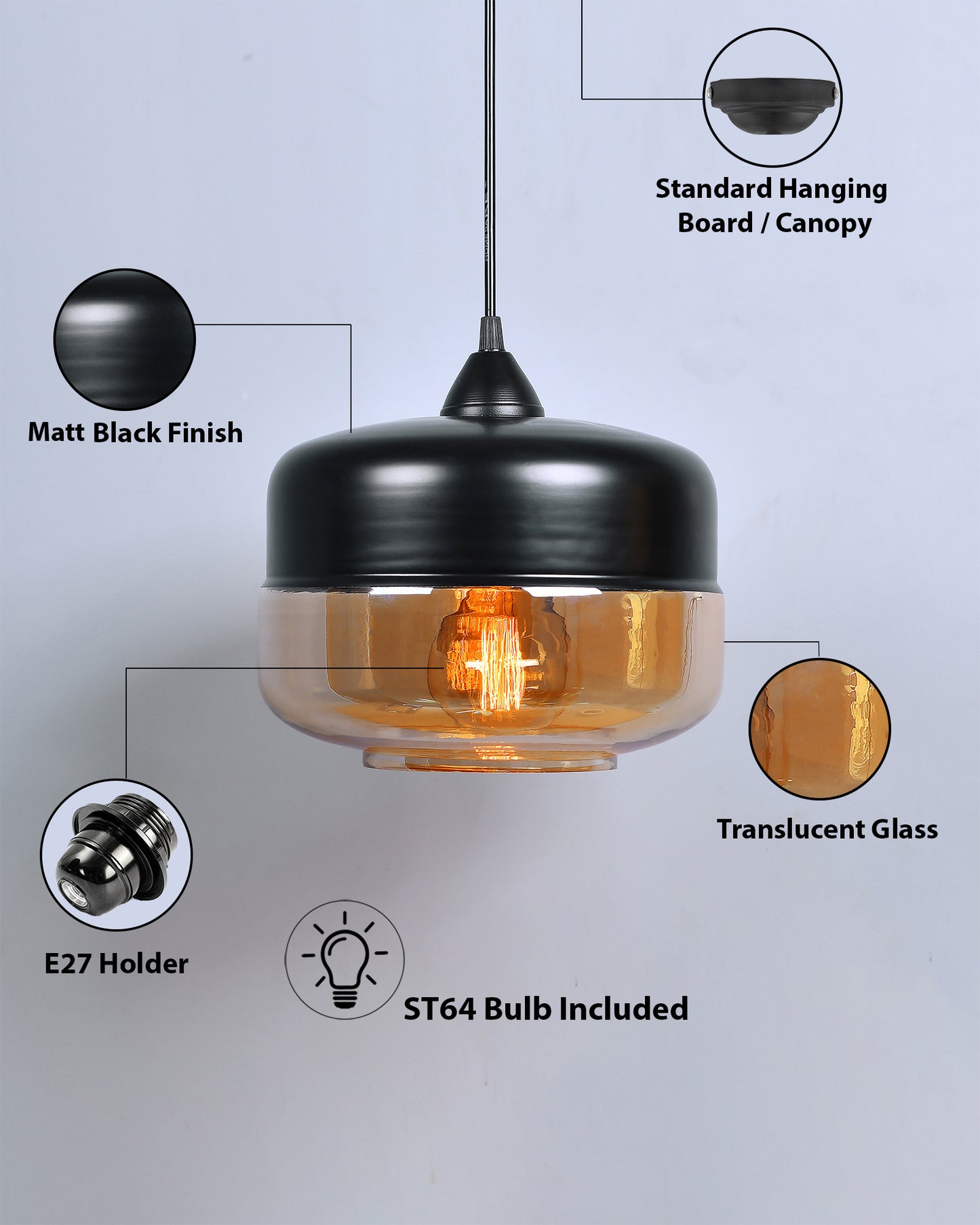 Glass Pendant Light Black Loft Bar Counter Dining Room Creative LED/Filament Ceiling Hanging Lamp, E27, Murray