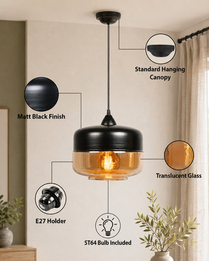 Glass Pendant Light Black Loft Bar Counter Dining Room Creative LED/Filament Ceiling Hanging Lamp, E27, Murray