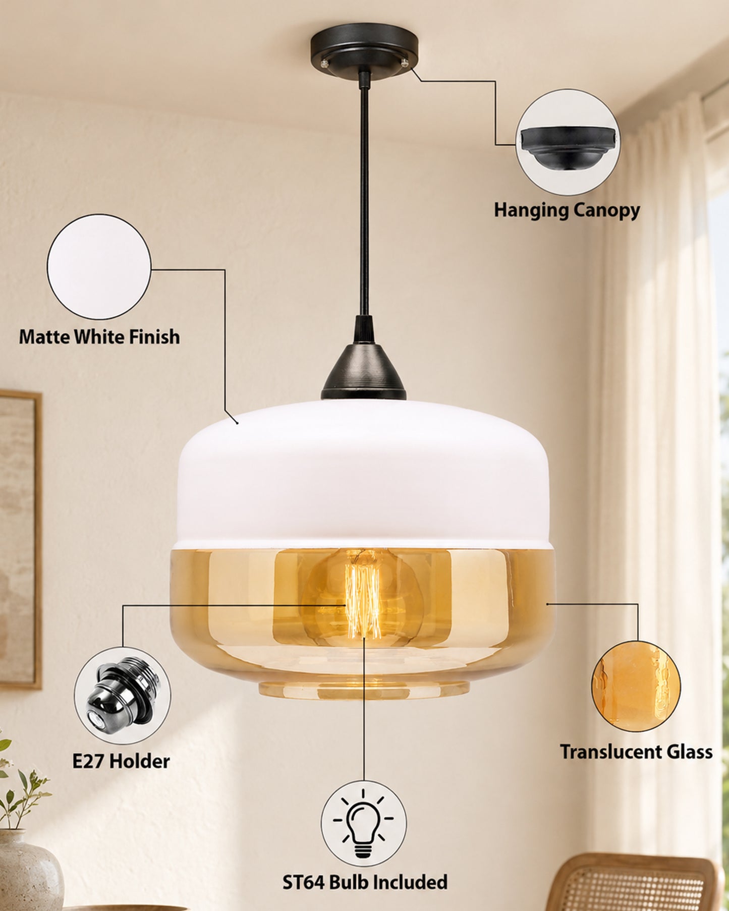 Glass Pendant Light Black Loft Bar Counter Dining Room Creative LED/Filament Ceiling Hanging Lamp, E27, Murray