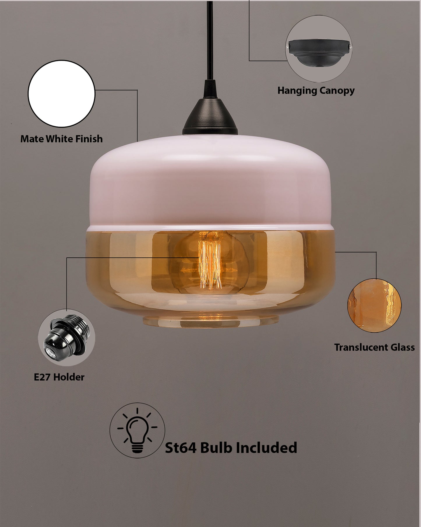 Glass Pendant Light Black Loft Bar Counter Dining Room Creative LED/Filament Ceiling Hanging Lamp, E27, Murray