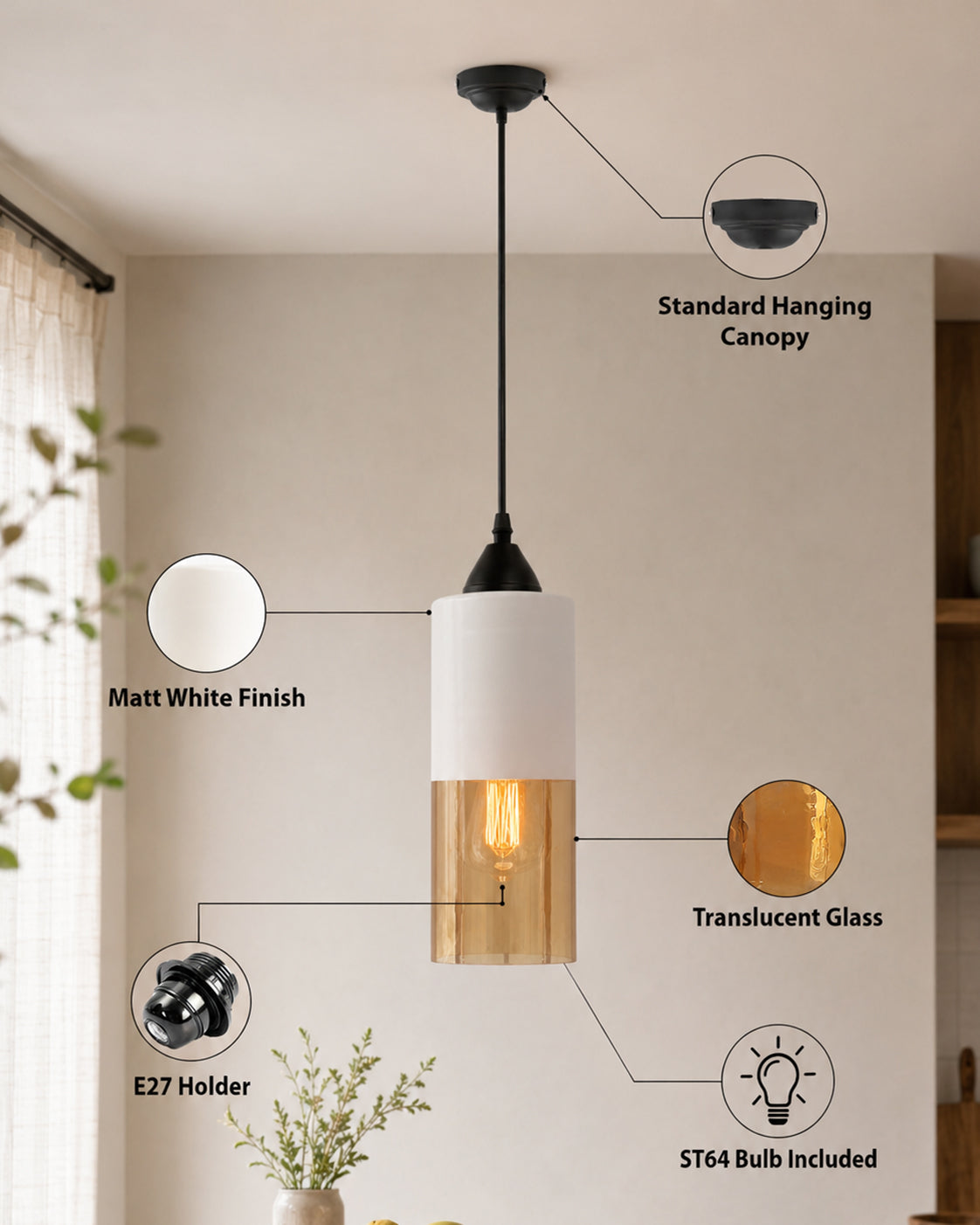 Glass Tube Pendant Light Loft Bar Counter Dining Room Ceiling Hanging Lamp, E27