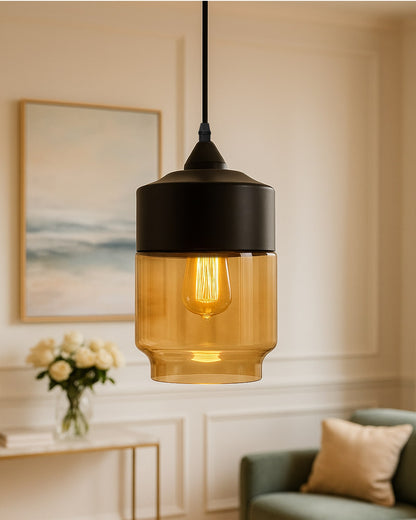 Glass Pendant Light Black Loft Bar Counter Dining Room Creative LED/Filament Ceiling Hanging Lamp, E27, Cylinder