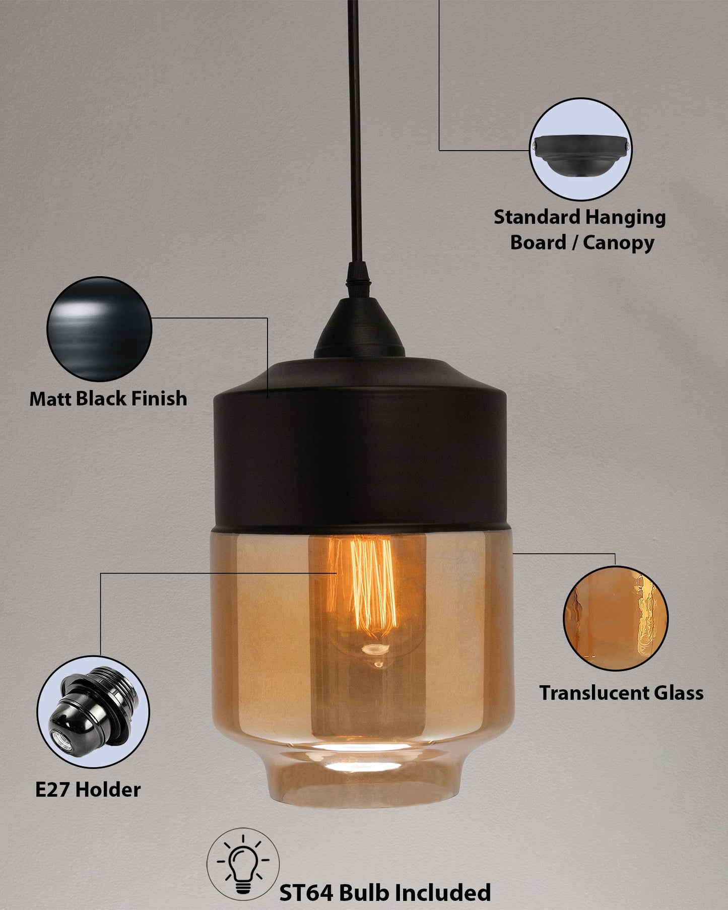 Glass Pendant Light Black Loft Bar Counter Dining Room Creative LED/Filament Ceiling Hanging Lamp, E27, Cylinder