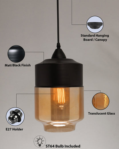 Glass Pendant Light Black Loft Bar Counter Dining Room Creative LED/Filament Ceiling Hanging Lamp, E27, Cylinder