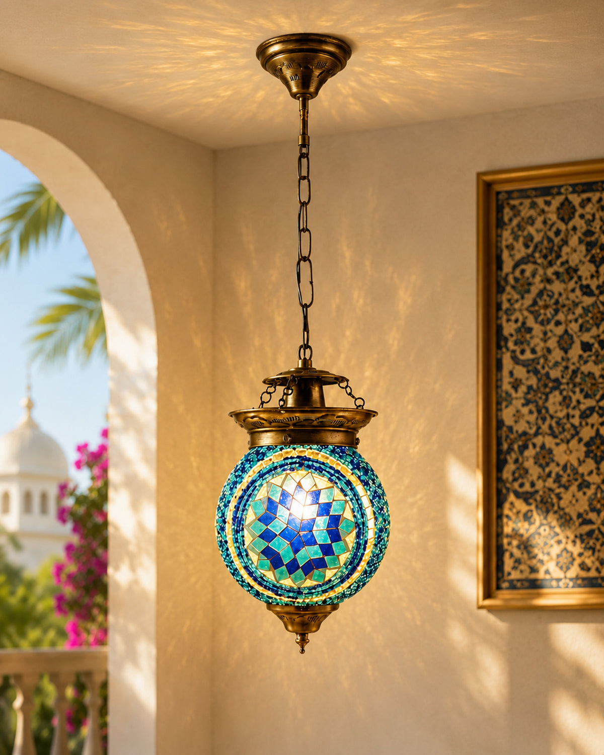 AntiqueTurkish Moroccan Mosaic Pendant with Metal hangings, Ceiling Hanging Light