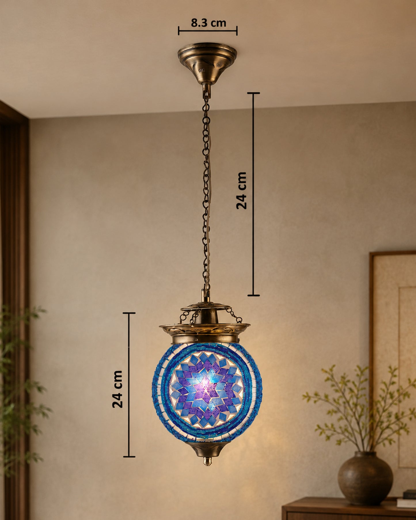 AntiqueTurkish Moroccan Mosaic Pendant with Metal hangings, Ceiling Hanging Light