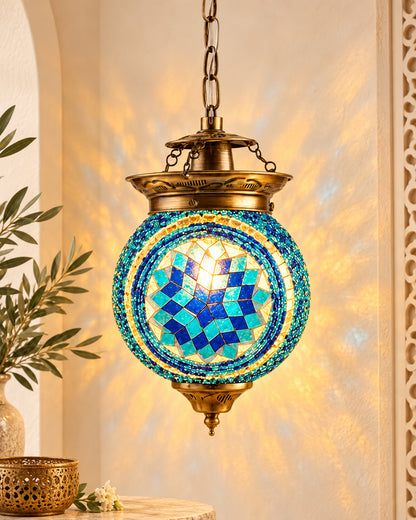 AntiqueTurkish Moroccan Mosaic Pendant with Metal hangings, Ceiling Hanging Light