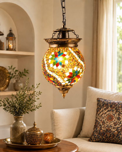 AntiqueTurkish Moroccan Mosaic Pendant with Metal hangings, Ceiling Hanging Light