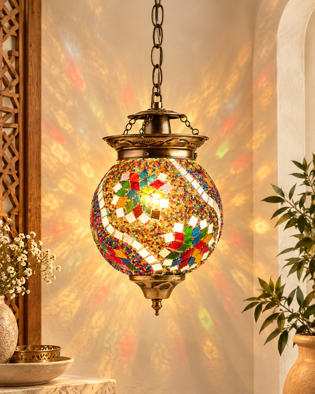 AntiqueTurkish Moroccan Mosaic Pendant with Metal hangings, Ceiling Hanging Light