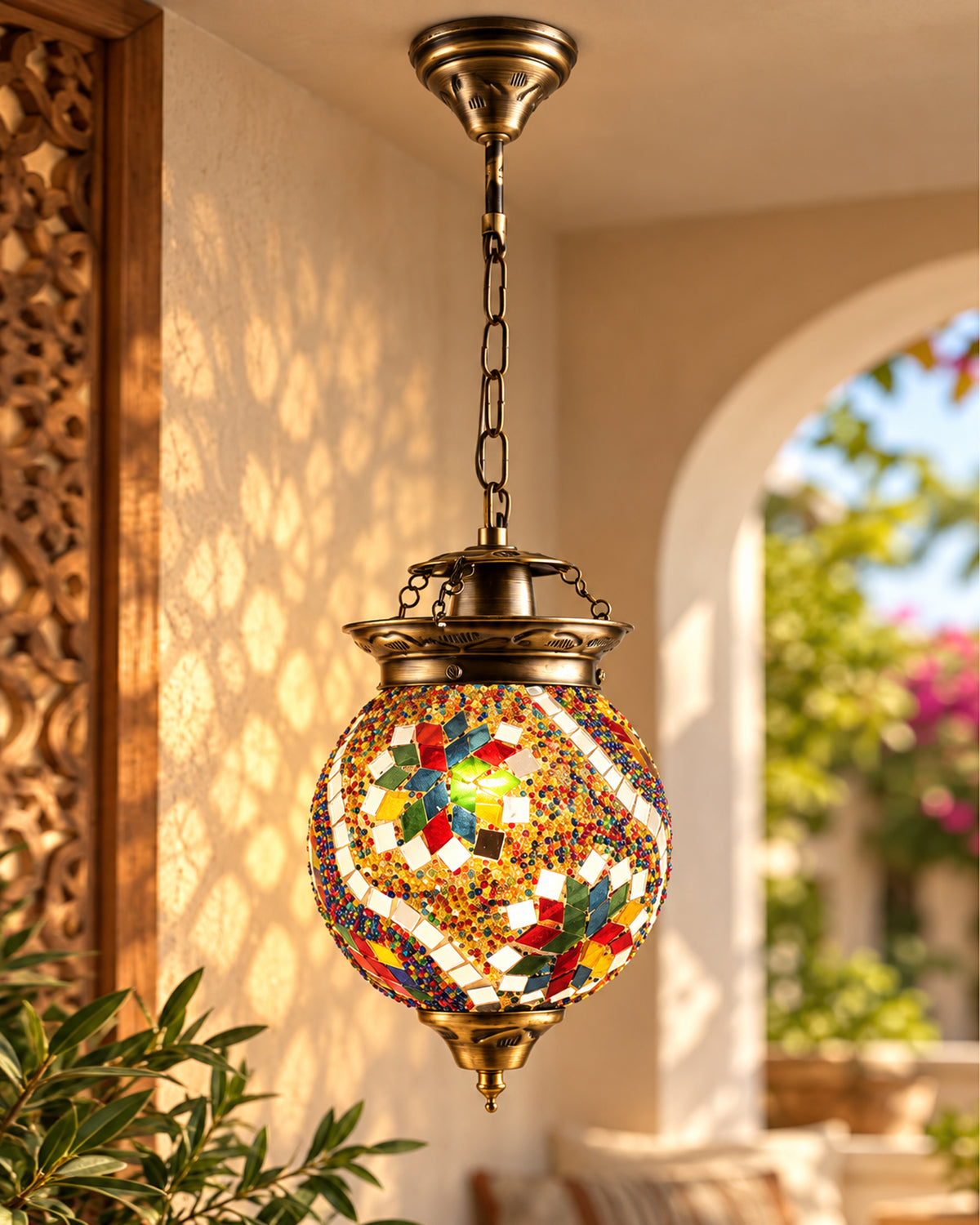 AntiqueTurkish Moroccan Mosaic Pendant with Metal hangings, Ceiling Hanging Light
