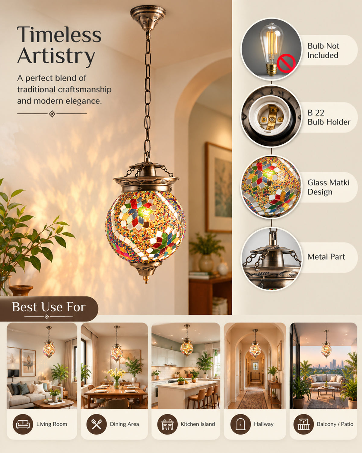 AntiqueTurkish Moroccan Mosaic Pendant with Metal hangings, Ceiling Hanging Light