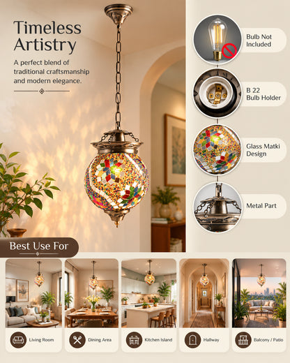 AntiqueTurkish Moroccan Mosaic Pendant with Metal hangings, Ceiling Hanging Light