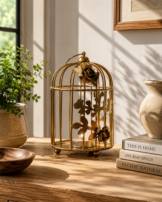 Table Decor Metal Bird Cage Light Antique Diwali Showpieces for Home Decor tealight candle holders | Tea Light Holder with Flower Vine Antique Lantern Candlestick Holders for Home, Living Room, Mandir Decoration