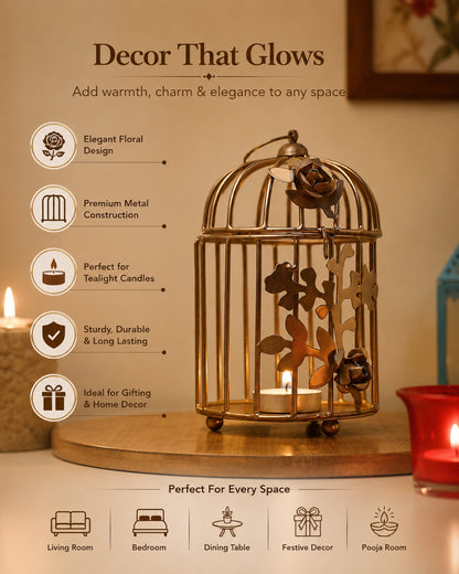 Table Decor Metal Bird Cage Light Antique Diwali Showpieces for Home Decor tealight candle holders | Tea Light Holder with Flower Vine Antique Lantern Candlestick Holders for Home, Living Room, Mandir Decoration