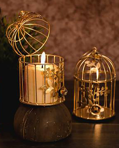 Homesake® Candle Holder | Tealight Holder for Home Décor, Living Room, Table Décor, Pooja Candle Stand Lantern, Room, Diwali Decoration, Wedding & Festival Gift, Metal Birdcage Design, Golden