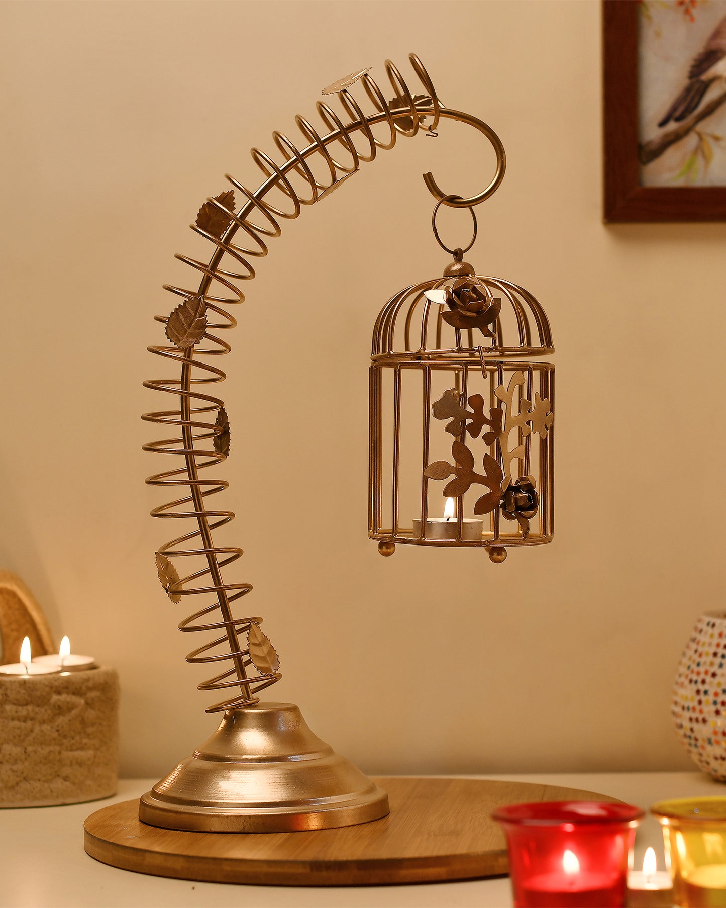 Metal Bird Cage with table stand Light Antique Diwali Showpieces for Home Decor tealight candle holders