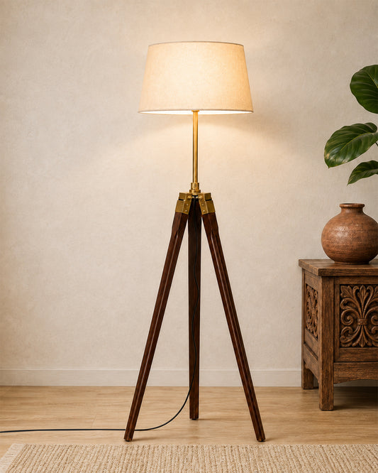 Homesake® Floor lamp for Living Room Long Wooden | Night Lamp with Shade for Light Decoration | Antique Home Decor Items | Standing Lamp | Corner Lamp for Living Room (Tripod Off-White)