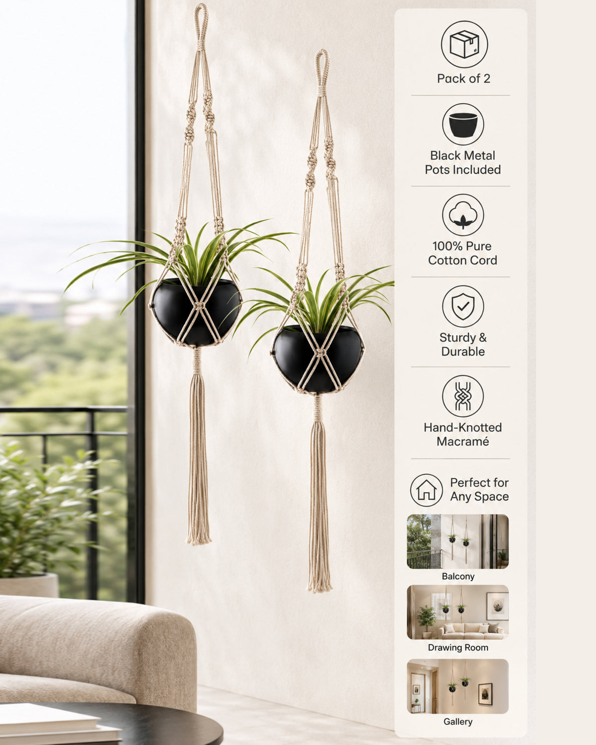 Macreme Hanging Planter Large Macrame with Pot Pack of 2