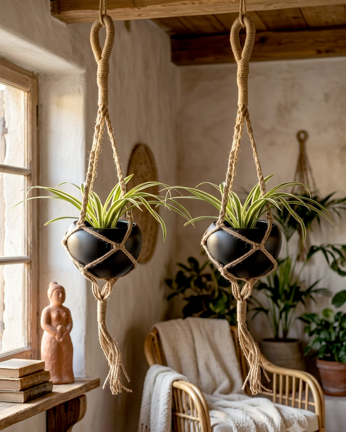 Hanging Macrame Planter Medium Jute with Pot, Pack of 2