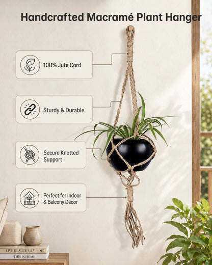 Hanging Macrame Planter Medium Jute with Pot, Pack of 2