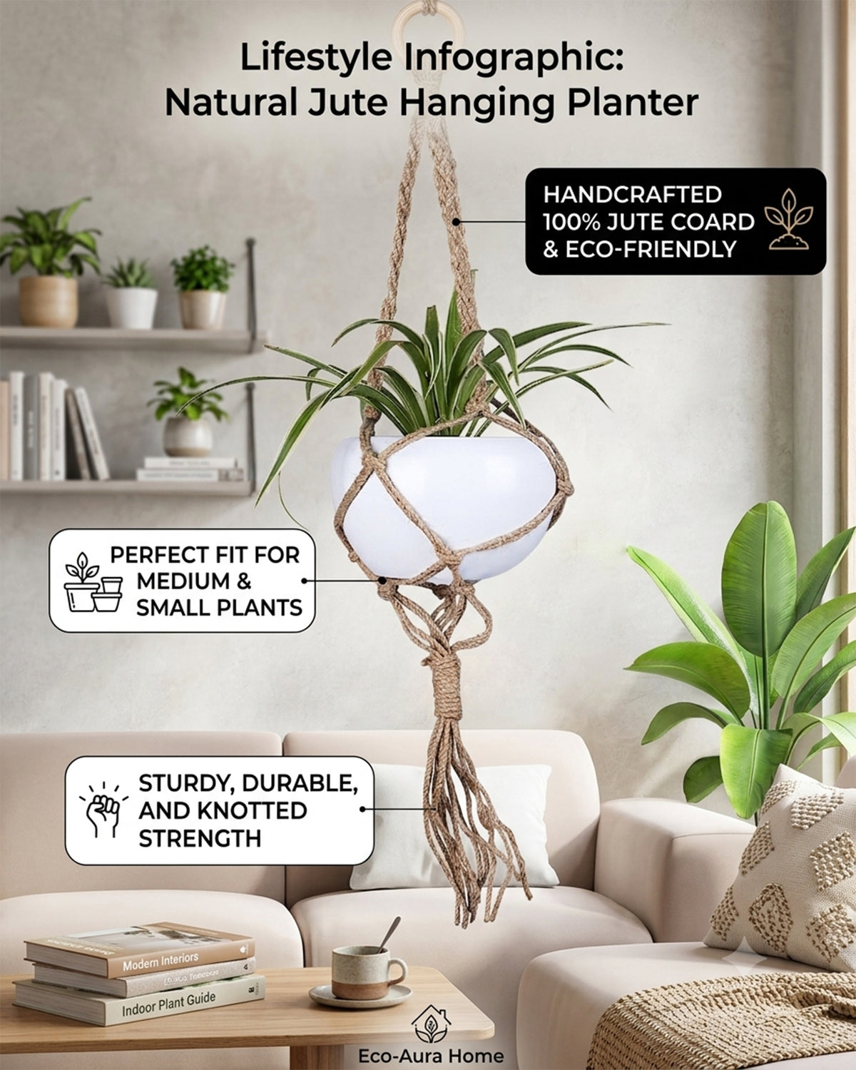 Hanging Macrame Planter Medium Jute with Pot, Pack of 2