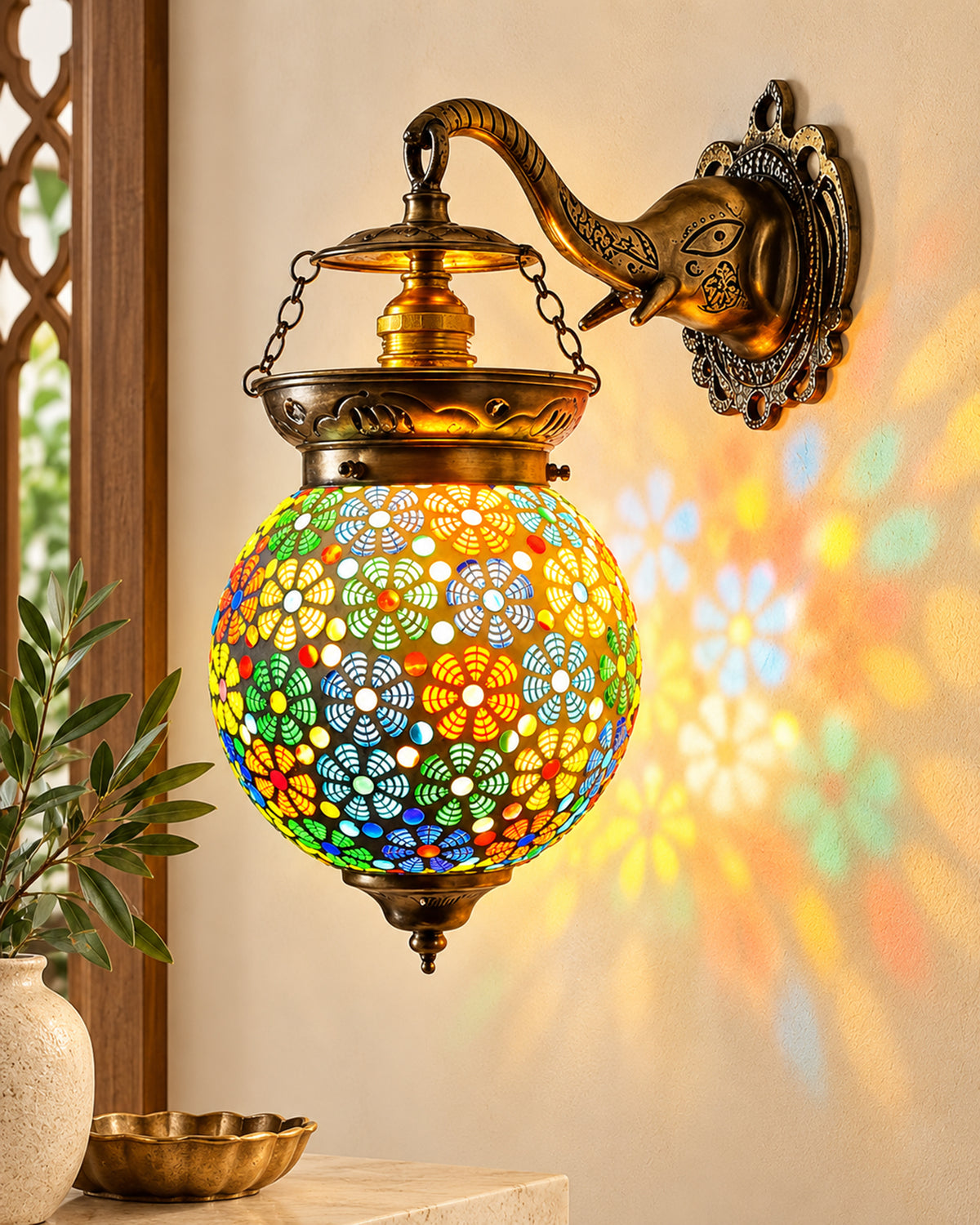 Antique Turkish Mosaic Heritage Style Wall Lamp, Glass Wall Bracket
