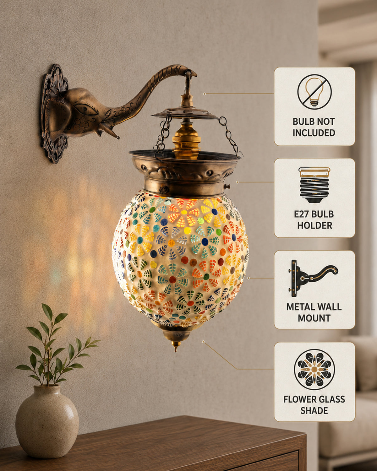 Antique Turkish Mosaic Heritage Style Wall Lamp, Glass Wall Bracket