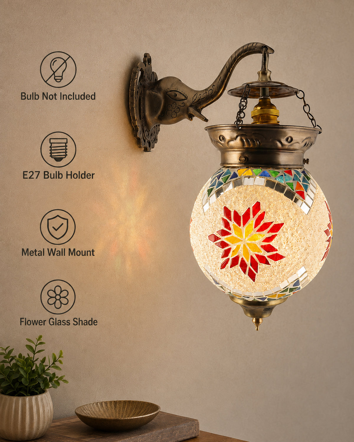 Antique Turkish Mosaic Heritage Style Wall Lamp, Glass Wall Bracket