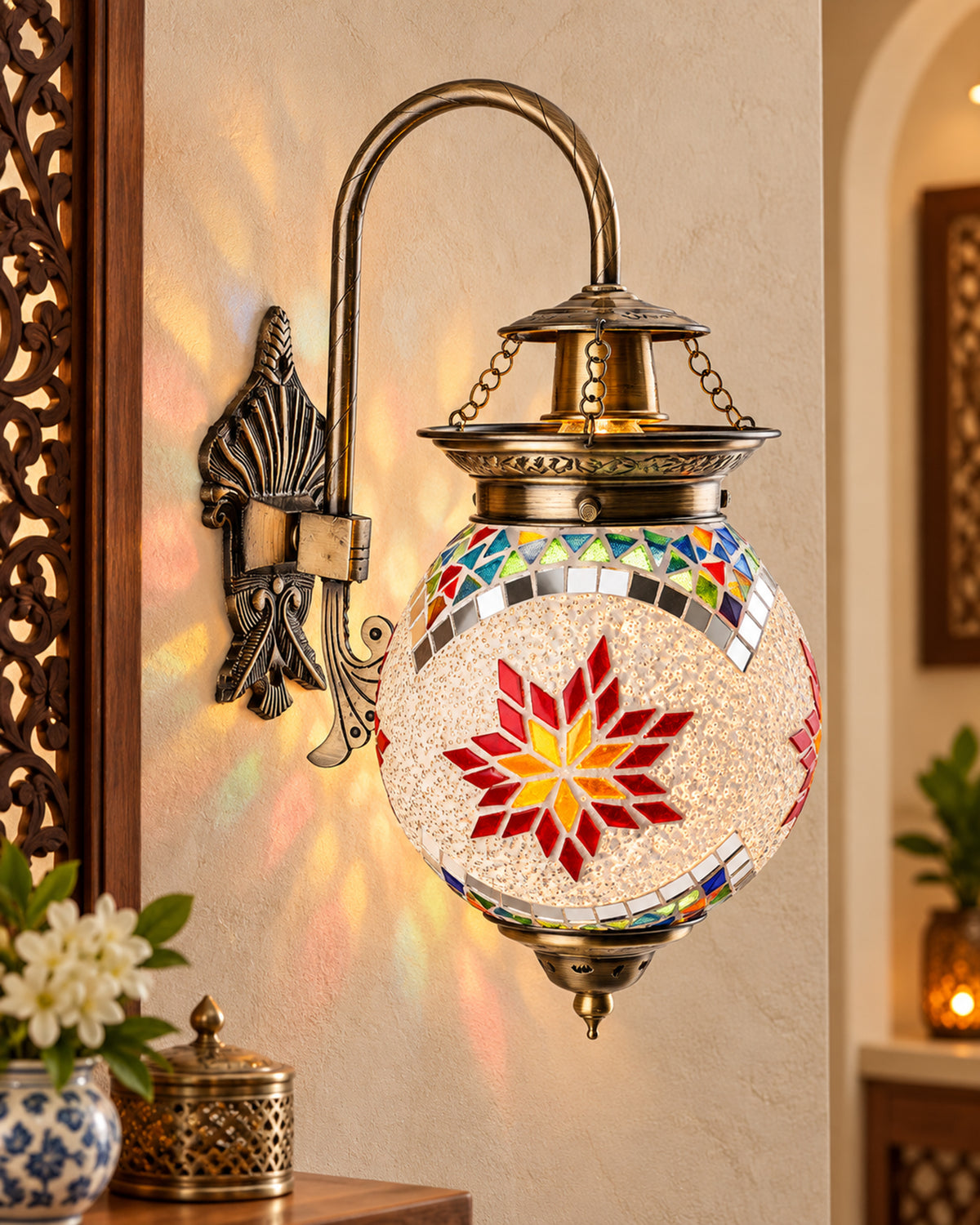 Antique Turkish Mosaic Heritage Style Wall Lamp, Glass Wall Bracket