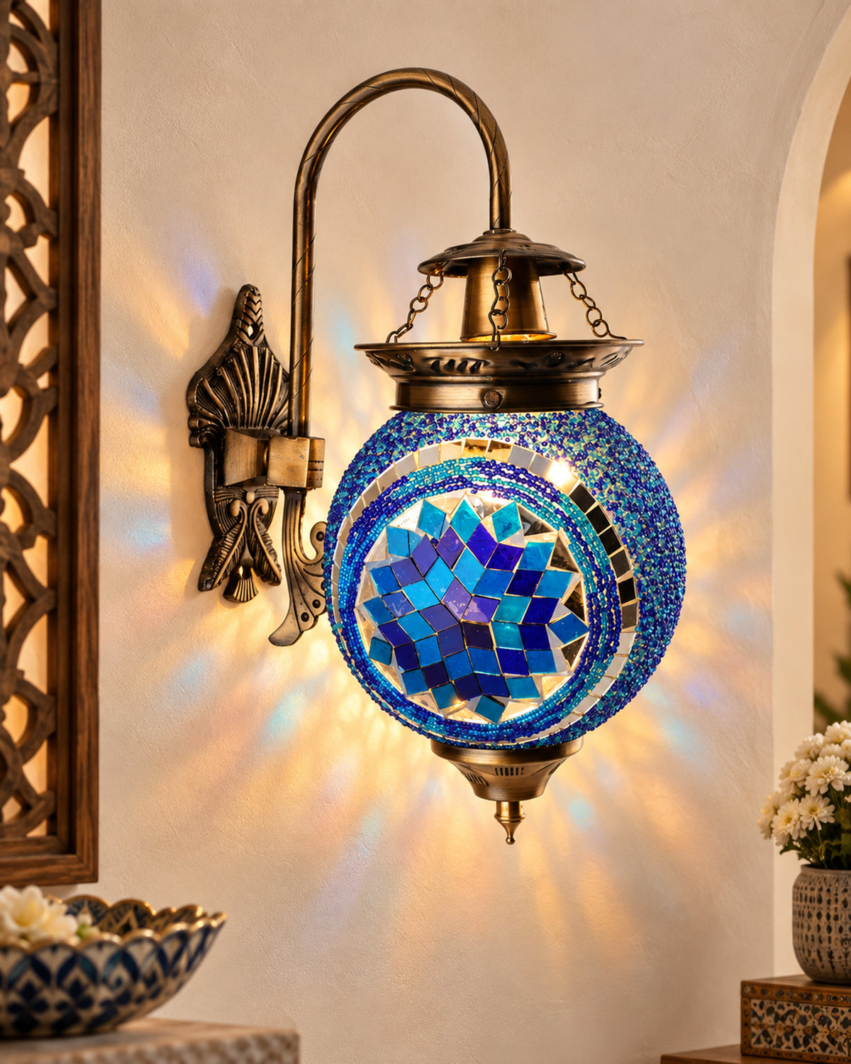 Antique Turkish Mosaic Heritage Style Wall Lamp, Glass Wall Bracket